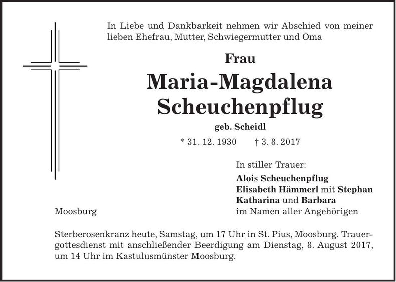 Traueranzeige Maria-Magdalena Scheuchenpflug