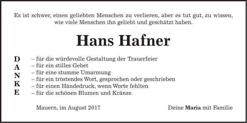 Traueranzeige Hans Hafner