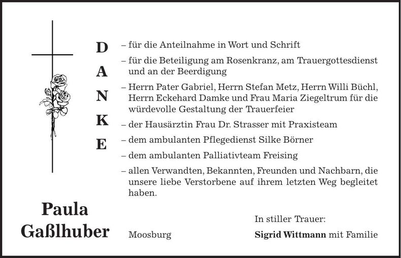 Traueranzeige Paula Gaßlhuber