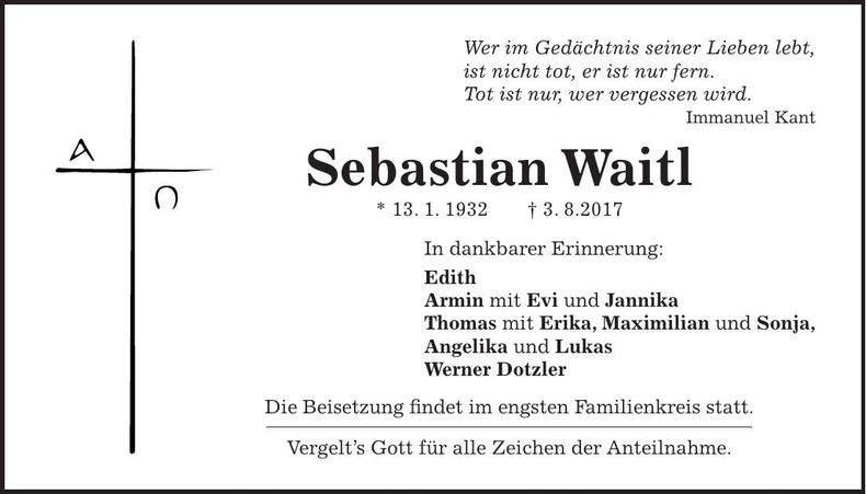 Traueranzeige Sebastian Waitl