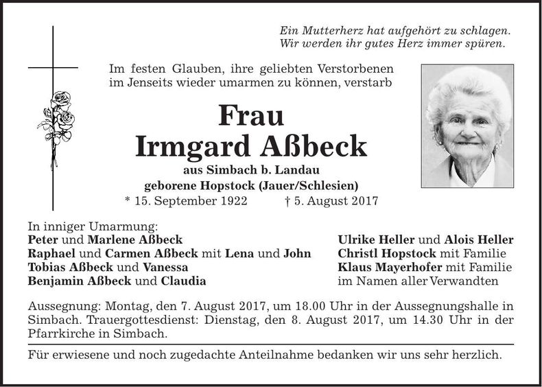 Traueranzeige Irmgard Aßbeck