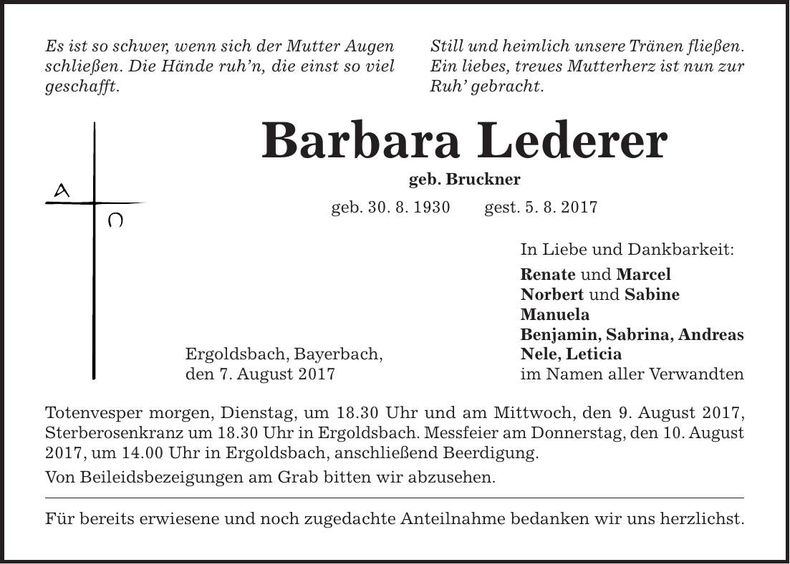 Traueranzeige Barbara Lederer