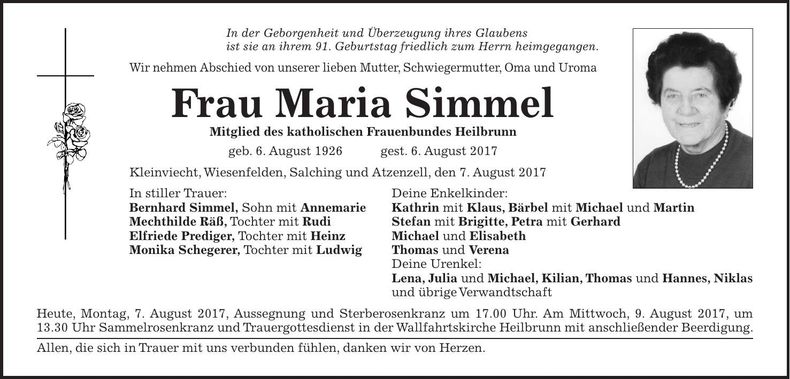 Traueranzeige Maria Simmel
