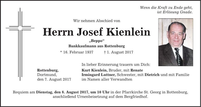 Traueranzeige Josef Kienlein