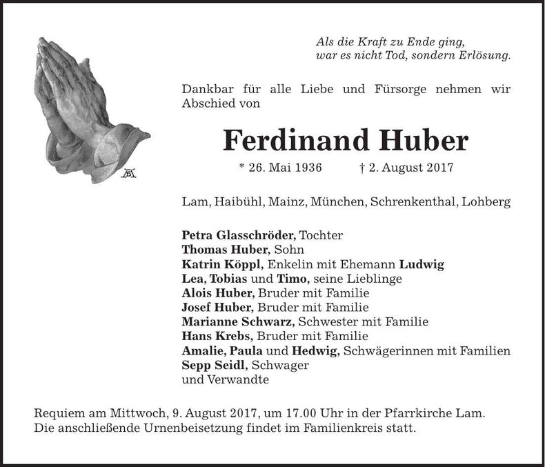 Traueranzeige Ferdinand Huber