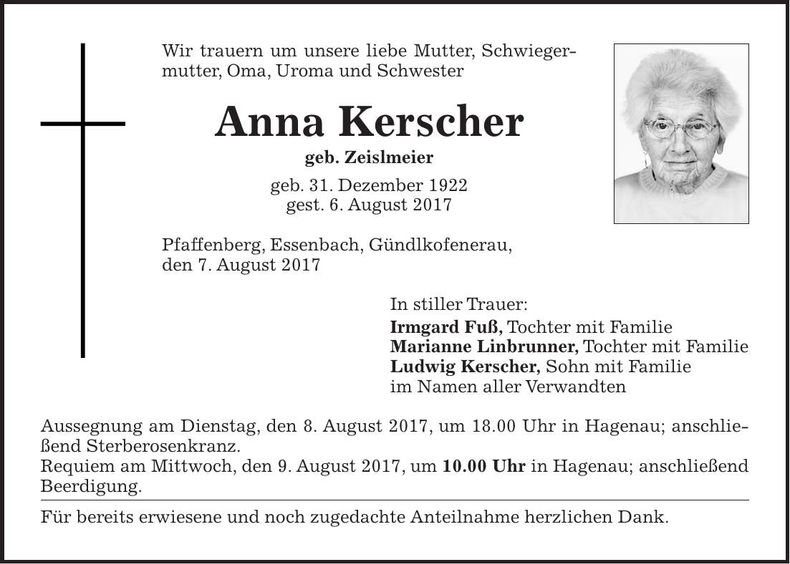 Traueranzeige Anna Kerscher