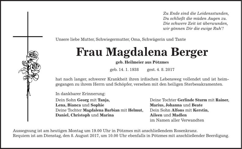 Traueranzeige Magdalena Berger