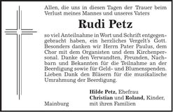 Traueranzeige Rudi Petz