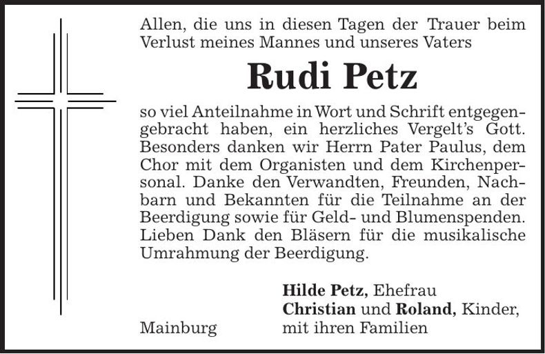 Traueranzeige Rudi Petz
