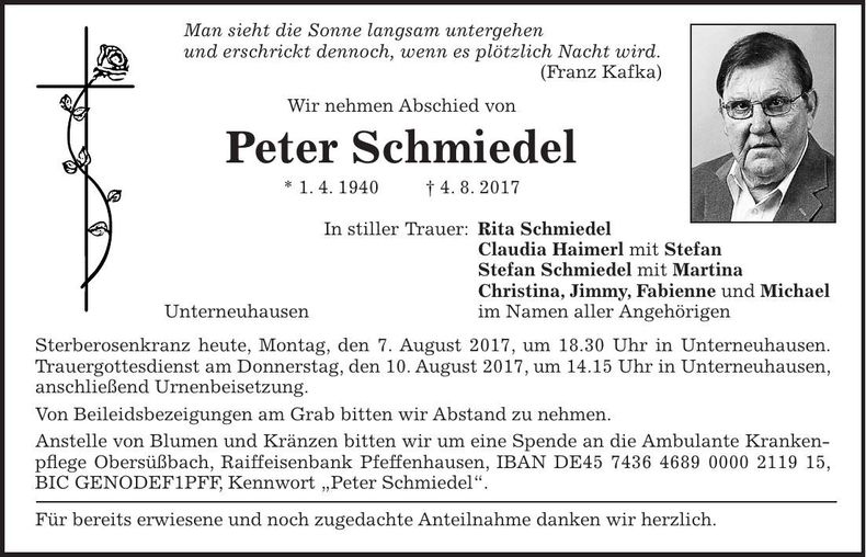 Traueranzeige Peter Schmiedel