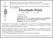Traueranzeige Gieselinde Pritzl