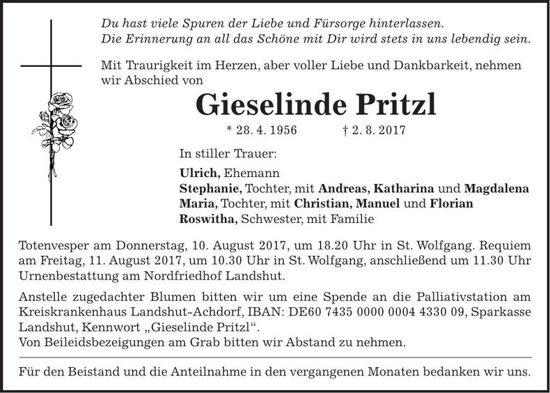 Traueranzeige Gieselinde Pritzl