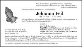 Traueranzeige Johanna Feil
