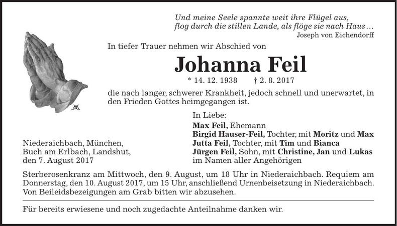 Traueranzeige Johanna Feil