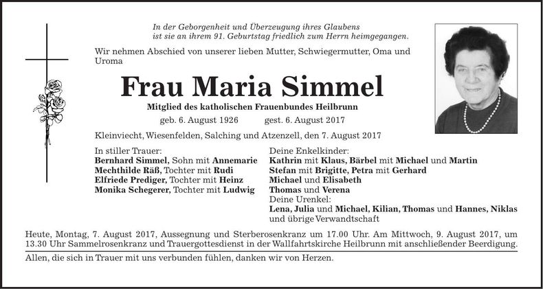 Traueranzeige Maria Simmel