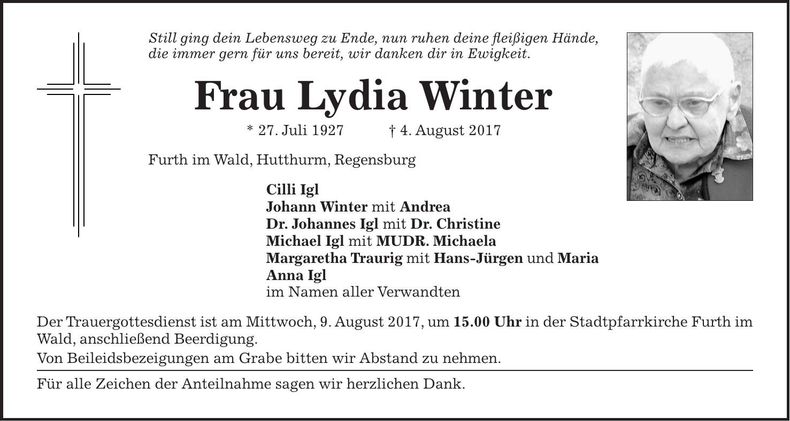 Traueranzeige Lydia Winter