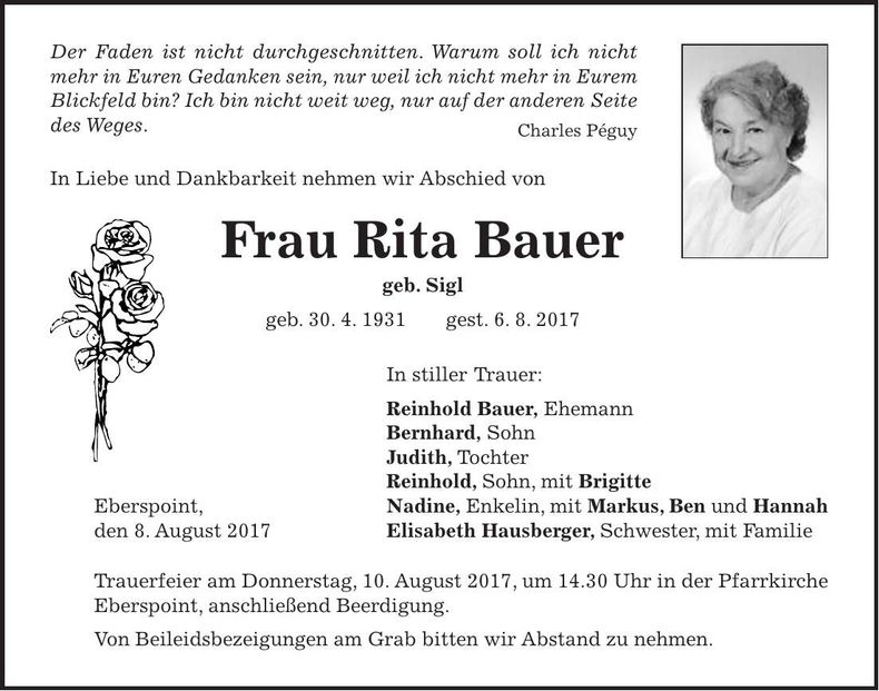 Traueranzeige Rita Bauer
