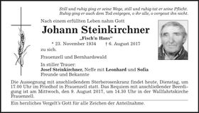 Traueranzeige Johann Steinkirchner