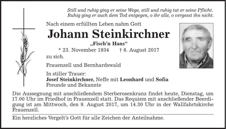 Traueranzeige Johann Steinkirchner