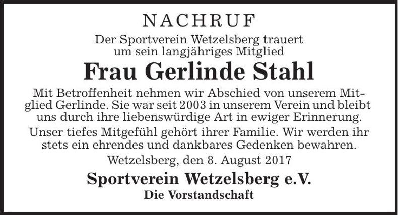 Traueranzeige Gerlinde Stahl