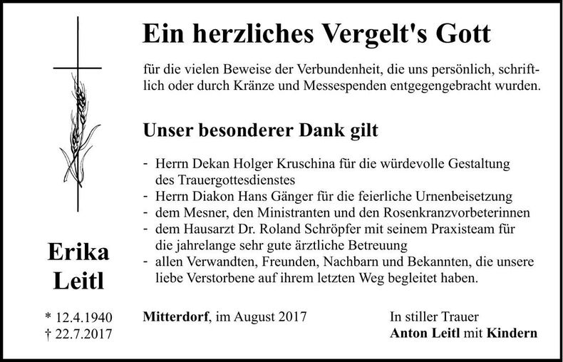 Traueranzeige Erika Leitl