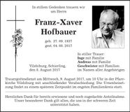 Traueranzeige Franz-Xaver Hofbauer