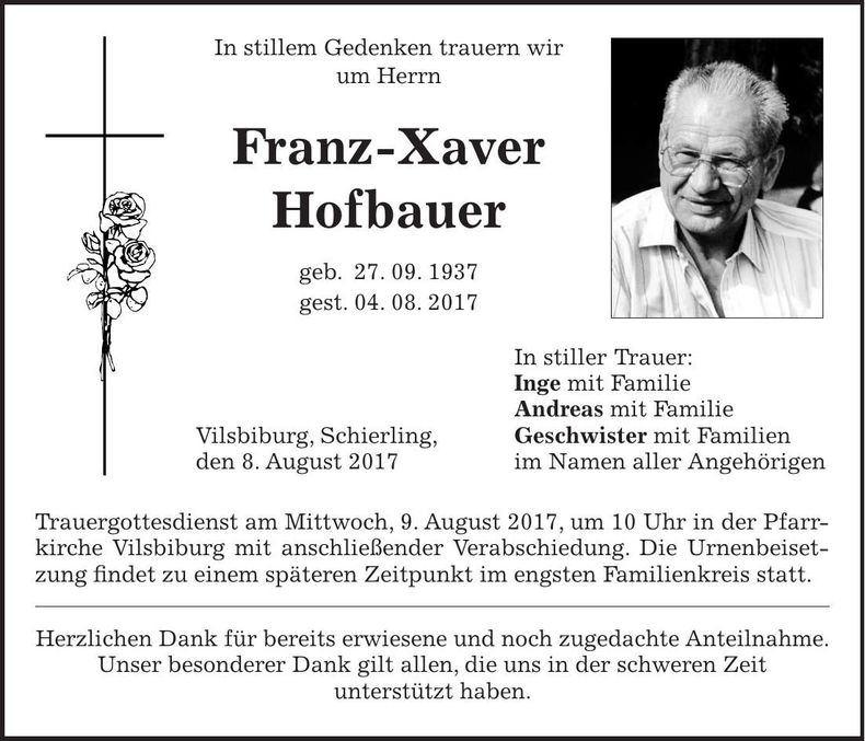Traueranzeige Franz-Xaver Hofbauer