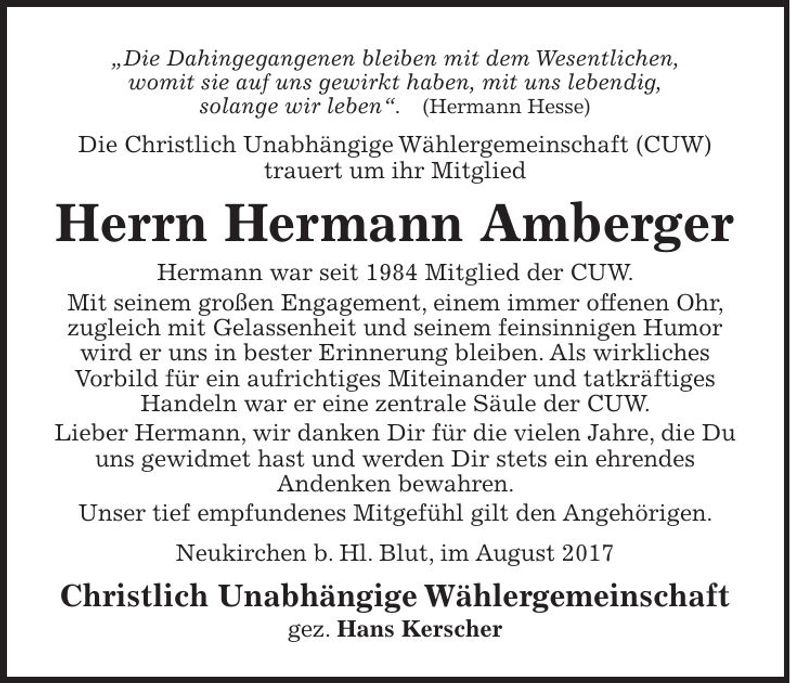 Traueranzeige Hermann Amberger