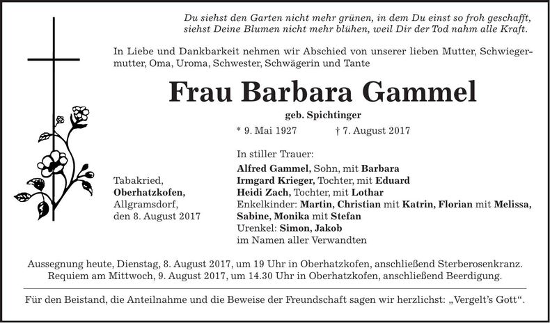 Traueranzeige Barbara Gammel