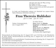 Traueranzeige Theresia Hubloher