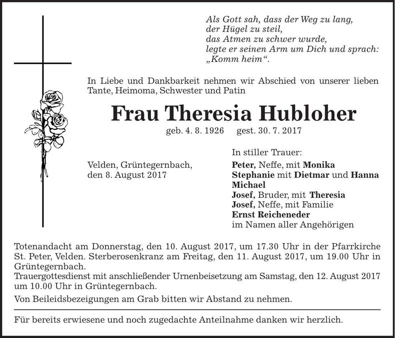 Traueranzeige Theresia Hubloher