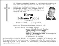 Traueranzeige Johann Poppe