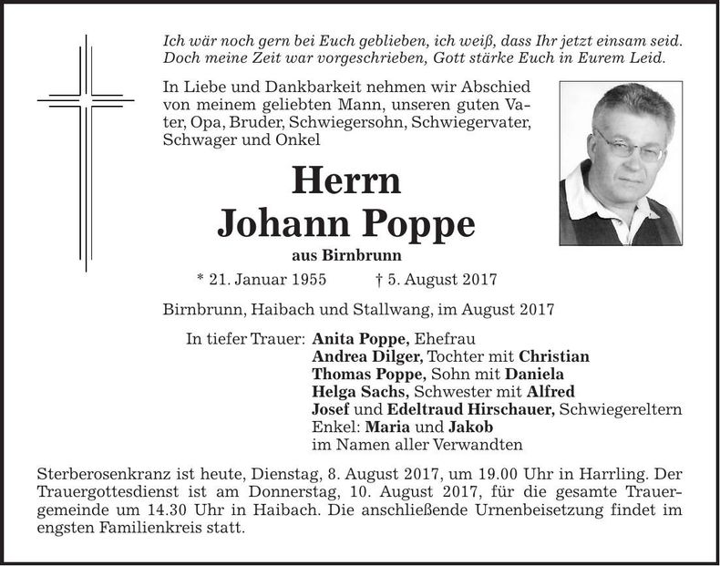 Traueranzeige Johann Poppe