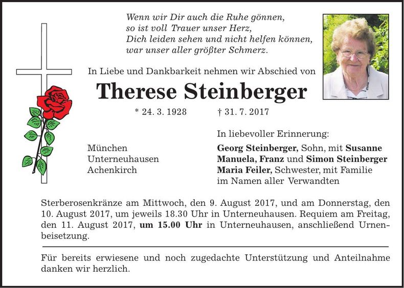 Traueranzeige Therese Steinberger