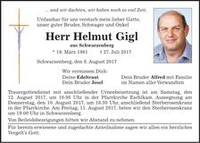 Traueranzeige Helmut Gigl