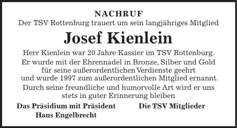 Traueranzeige Josef Kienlein