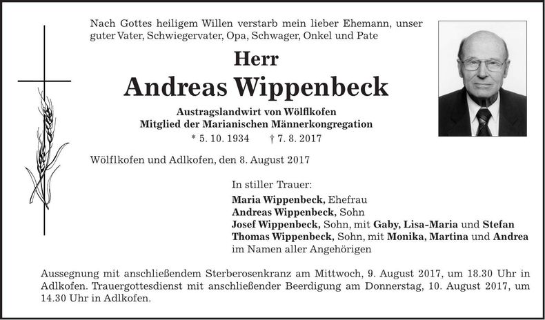 Traueranzeige Andreas Wippenbeck