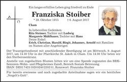 Traueranzeige Franziska Stoiber