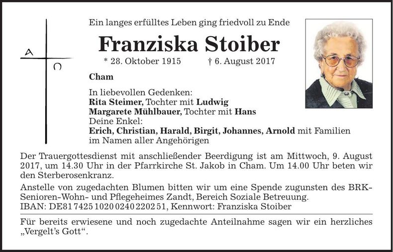 Traueranzeige Franziska Stoiber