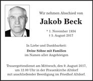 Traueranzeige Jakob Beck