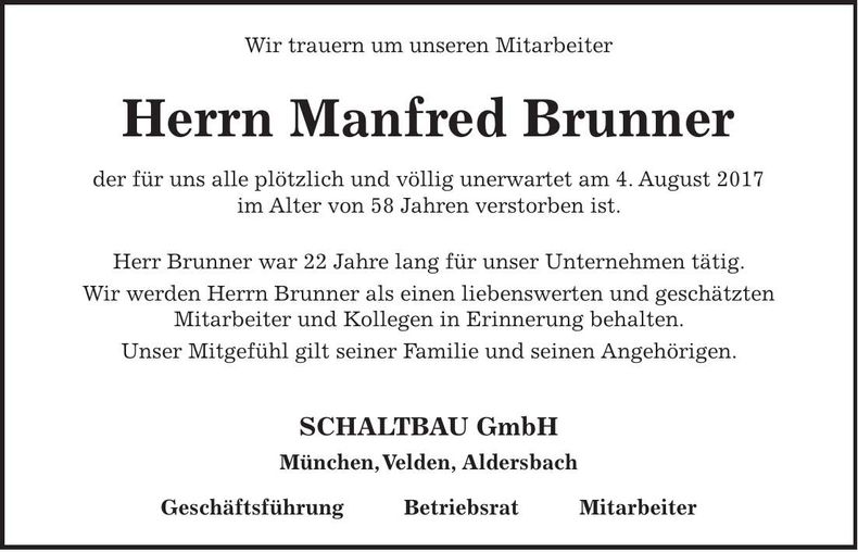 Traueranzeige Manfred Brunner