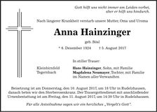 Traueranzeige Anna Hainzinger