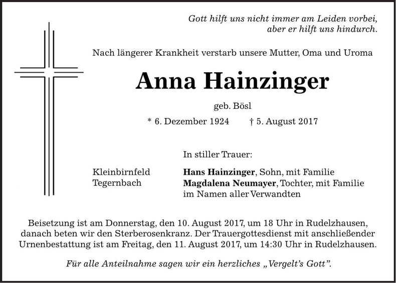 Traueranzeige Anna Hainzinger