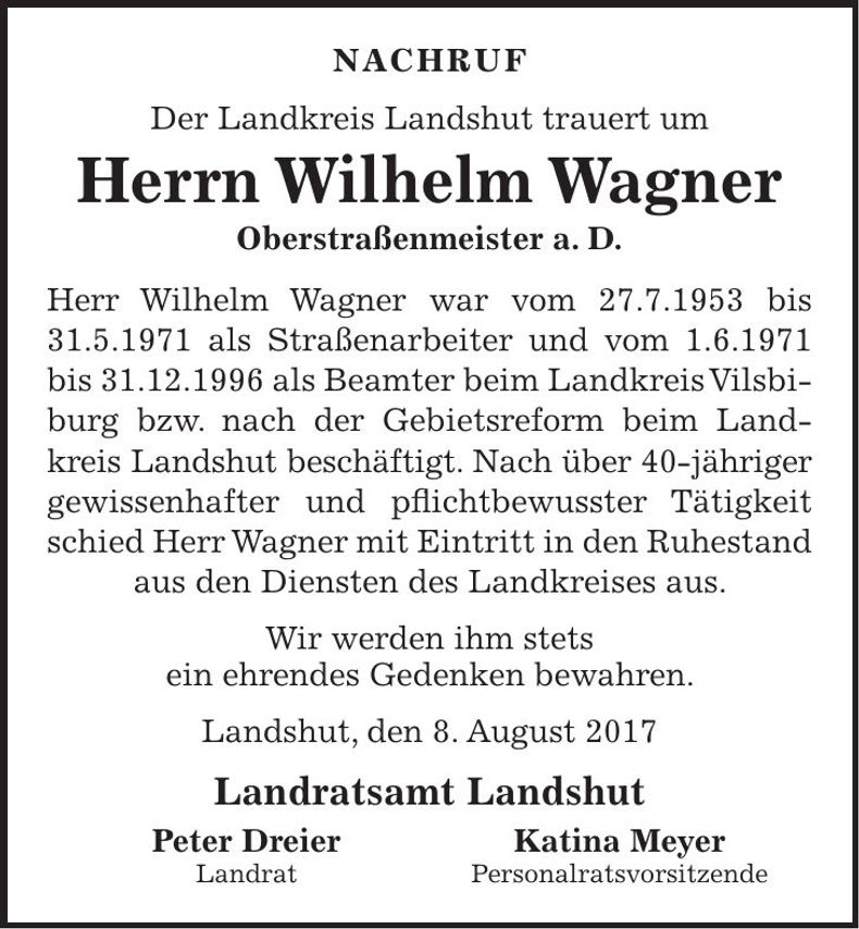 Traueranzeige Wilhelm Wagner