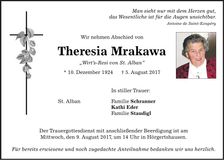 Traueranzeige Theresia Mrakawa