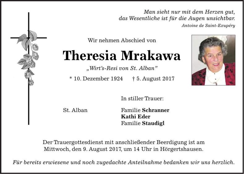 Traueranzeige Theresia Mrakawa