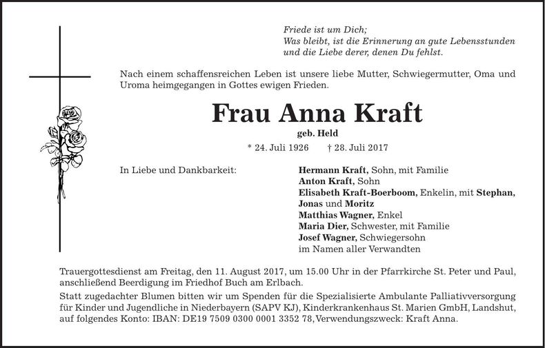 Traueranzeige Anna Kraft