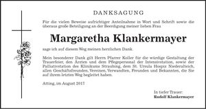 Traueranzeige Margaretha Klankermayer