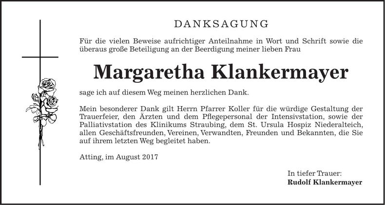 Traueranzeige Margaretha Klankermayer