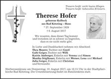 Traueranzeige Therese Hofer